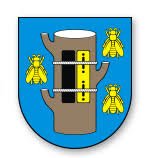 Herb gminy Bartniczka – pień drzewa bartnego i trzy pszczoły