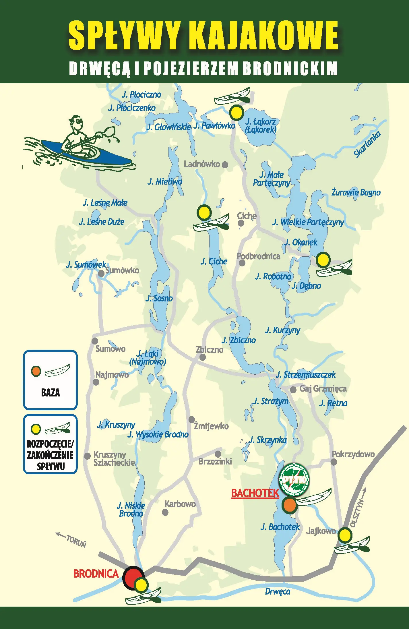 Mapa tras spływów kajakowych PTTK na Pojezierzu Brodnickim