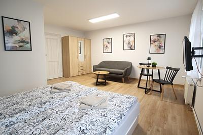 Room with a wardrobe, a sofa and a television at the Hajduczek farm stay