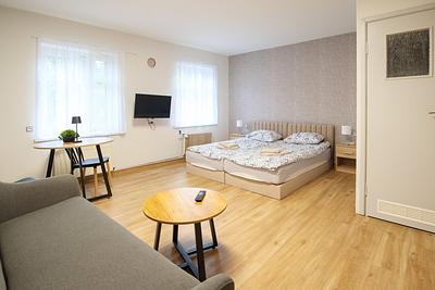 A spacious room with a bed, a sofa, and a table at the Hajduczek agritourism in Górzno