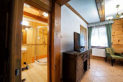 Studio 16 – widok na łazienkę z prysznicem i salon