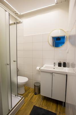 A bathroom with a shower and a sink at Hajduczek.